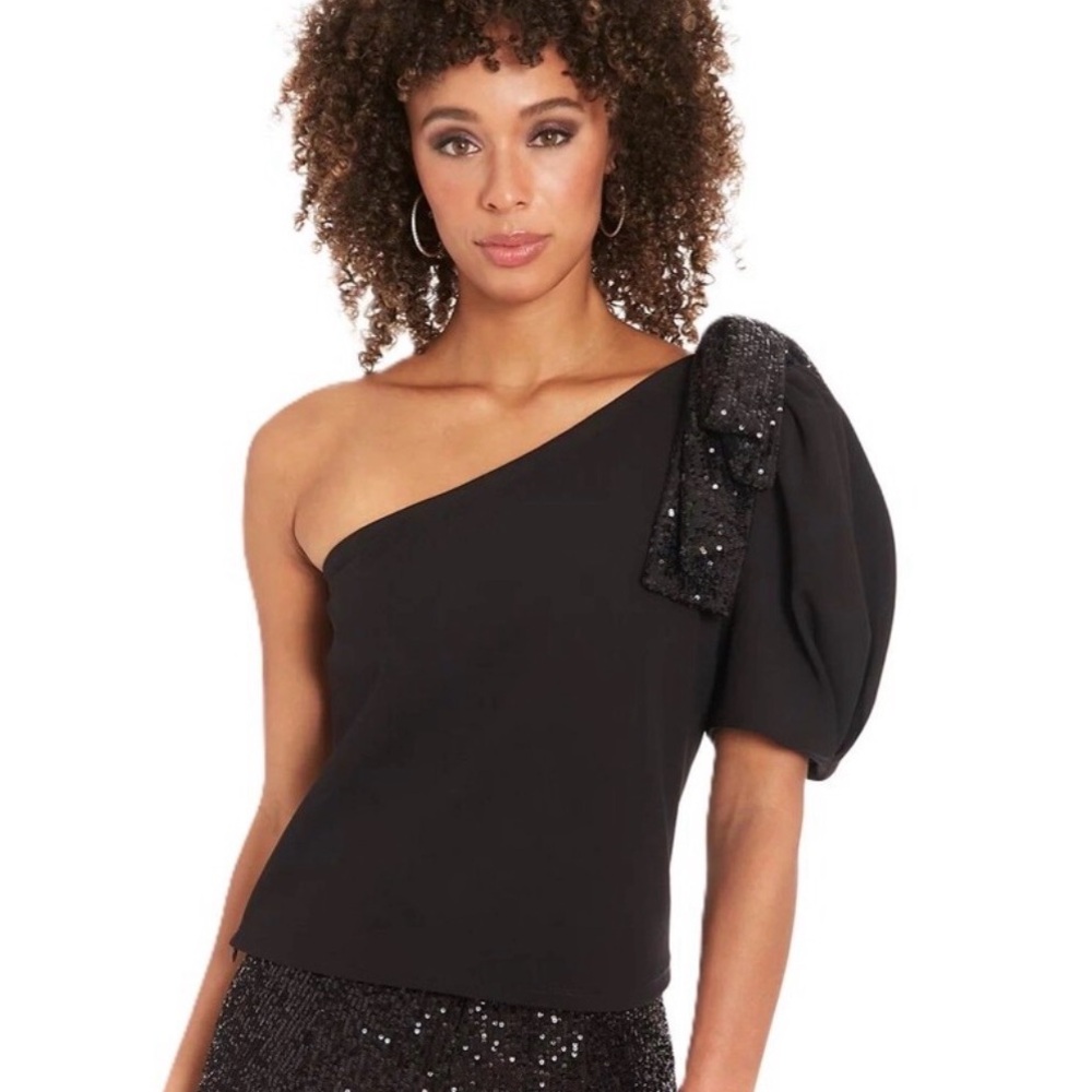 Muse one-Shoulder Puff Sleeve Sequin Bow Top Black R13
